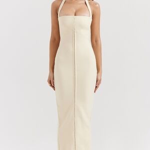 House of CB Cream Halter Maxi Dress with Exposed Center Seam
